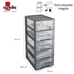 Tour de rangement plastique A4 Tag Tower 5 tiroirs transparents - gris