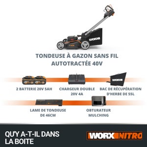 Tondeuse sur batterie WORX Wg749e.2 40 V, l.46 cm