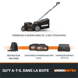 Tondeuse sur batterie WORX Wg737e.1 20 V, l.37 cm