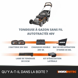 Tondeuse sur batterie WORX Wg760e.1 40 V, l.51 cm