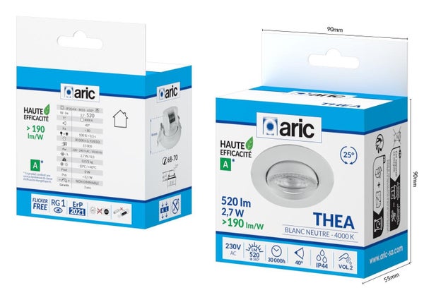 Spot encastré Thea led orientable classe A 4000K 520 lumens IP44 rond blanc ARIC