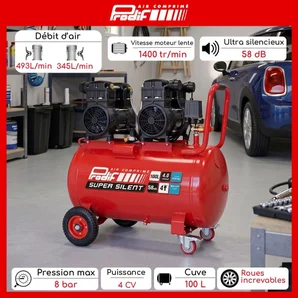 Compresseur 100L 4CV 8 bars silencieux sans huile SIL1004 PRODIF