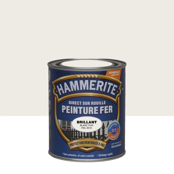 Peinture exterieure fer HAMMERITE blanc pur brillant RAL 9010 0.75l