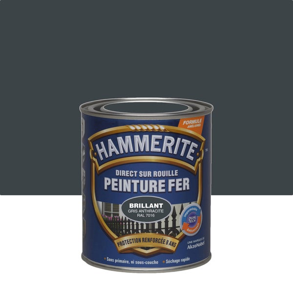 Peinture exterieure fer HAMMERITE gris anthracite brillant RAL 7016 0.75l