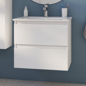 Meuble de salle de bains simple vasque, 2t L.60cm x H.53cm x P.45cm blanc mat Es