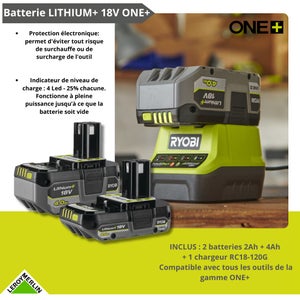 Pack de 2 outils sans fils RYOBI Rck182-242sj, 2 batteries 4Ah, 2Ah