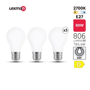 Ampoule led standard verre e27 5,9w=60w 806lm depolie 2700k x3 lexman