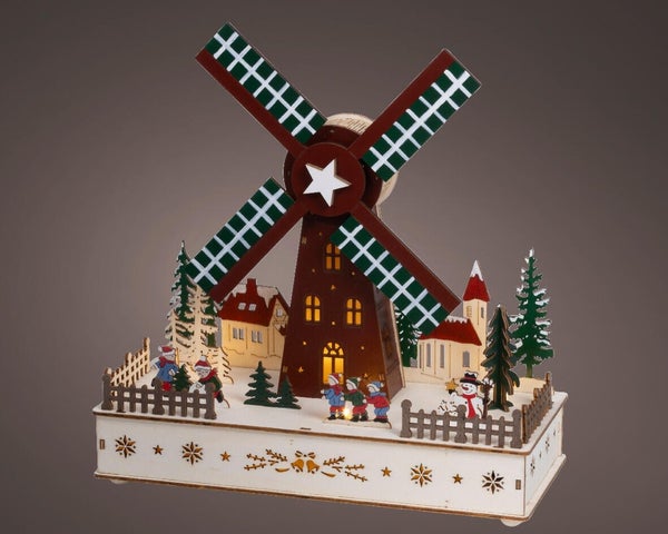 Decor Noël  int contreplaque moulin led blc chd h29.5x28x12cm 3piles aa