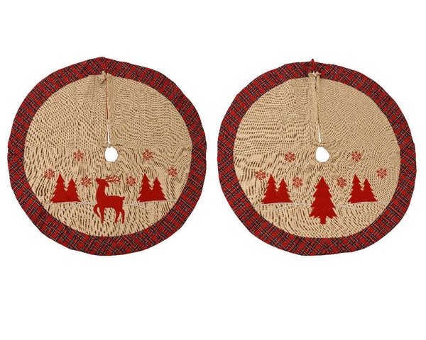 Jupe de sapin de Noël  lpolyester rouge/coul brode cerfs/sapins d90cm