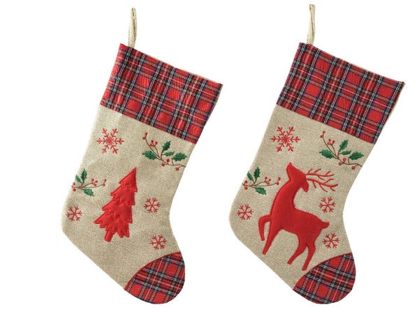 Chaussette polyester motif cerf ou sapin tons beige/rouge 45x25x1cm