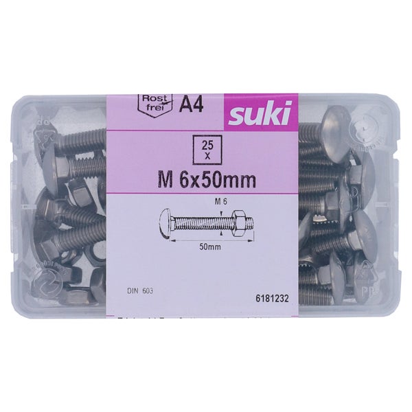 Boulon tete ronde collet carre 6x50 inox A4 lot de 25 pieces