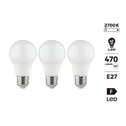 Lot de 3 ampoules led E27, plastique, 4.9W = 40W 470 lumens, depolie, 2700K blanc chaud, 1er prix