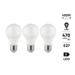 Lot de 3 ampoules led standard, E27, plastique, 4.9W = 40W, 470 lumens, depoli, 4000K, 1er prix