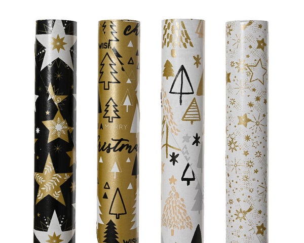 Papier cadeau Elegance 4 motifs blanc/noir/or pefc 2x0,7m 55g/m²