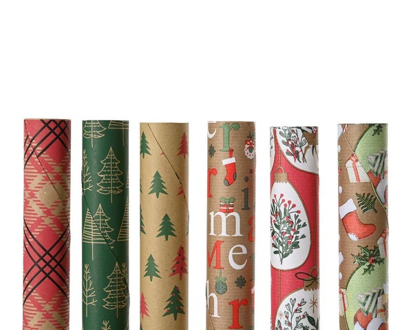 Papier cadeau kraft blanc/brun 6 motifs Noel fsc recycle 2x0,7m 60g/m²
