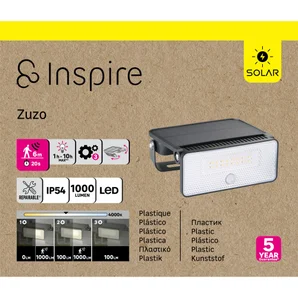 Projecteur solaire zuzo detection 1000lm ip54 noir inspire
