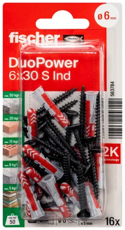 Lot de 16 chevilles multi-matériaux DuoPower FISCHER, vis noires Diam.6 x L.30 mm