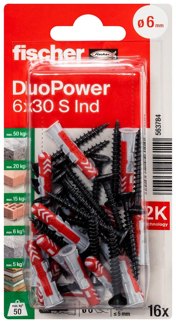 Lot de 16 chevilles multi-matériaux DuoPower FISCHER, vis noires Diam.6 x L.30 mm