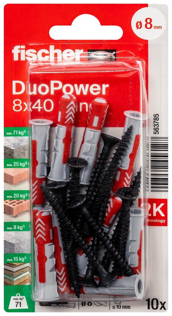 Lot de 10 chevilles multi-matériaux DuoPower FISCHER, vis noires Diam.8 x L.40 mm