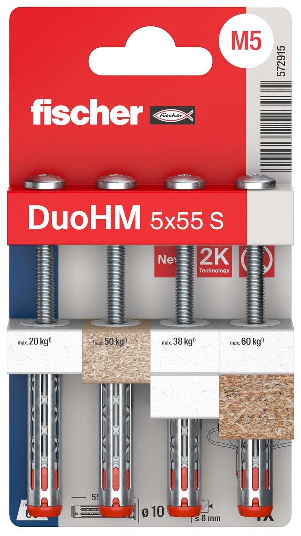 Lot de 4 chevilles murale avec vis DuoHM FISCHER, Diam.5 x L.55 mm
