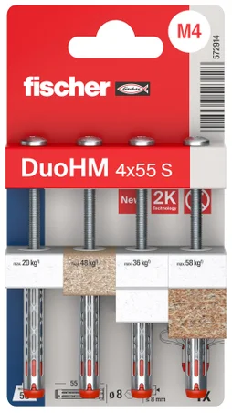 Lot de 4 chevilles murale avec vis DuoHM FISCHER, Diam.4 x L.55 mm