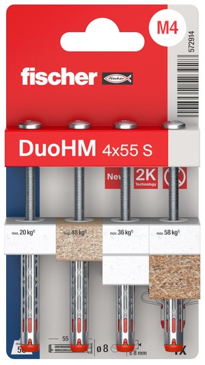 Lot de 4 chevilles murale avec vis DuoHM FISCHER, Diam.4 x L.55 mm