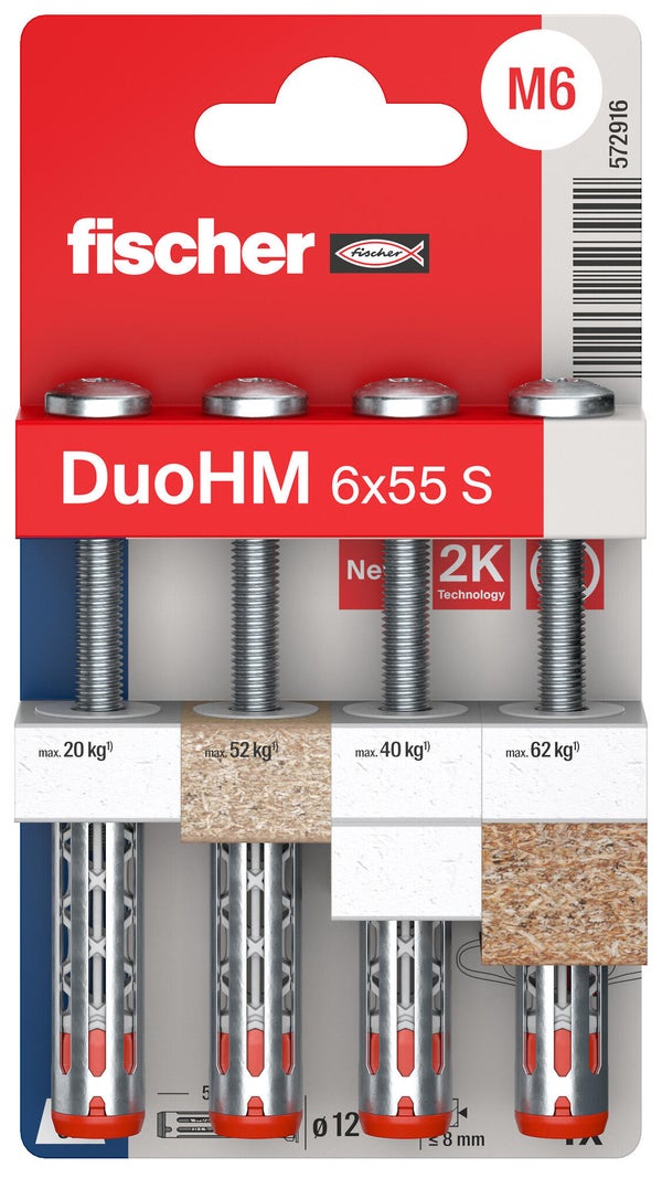 Lot de 4 chevilles murale avec vis DuoHM FISCHER, Diam.6 x L.55 mm