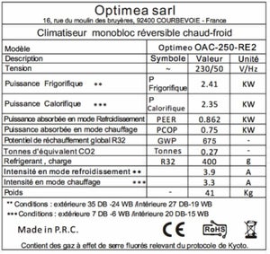Climatiseur fixe monobloc, OPTIMEO Oac-250-re2, 2410 watts