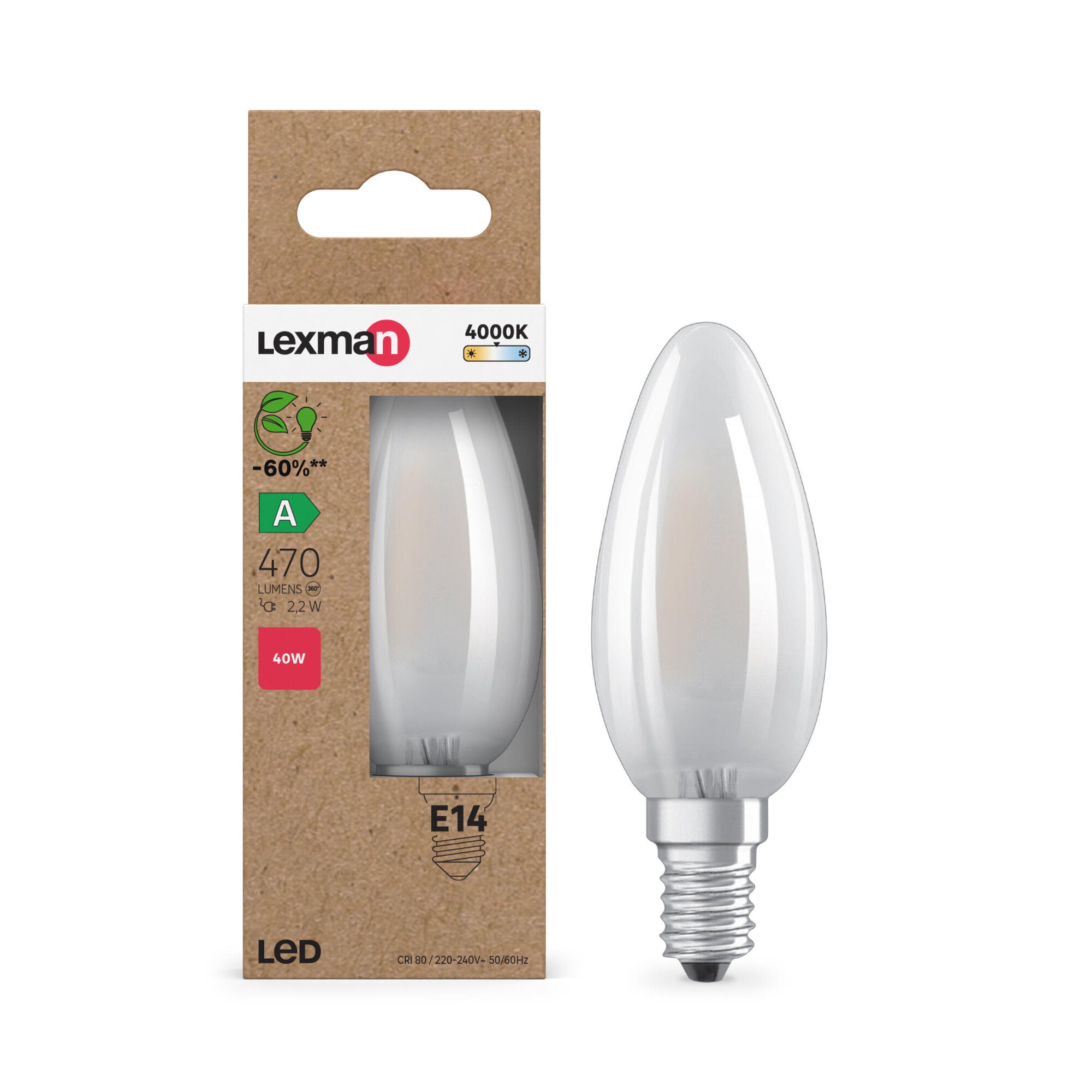 Lot 36 Ampoules LED LEXMAN Dépoli E14 – 470 Lm, Blanc Chaud 2700K, 5W = 40W